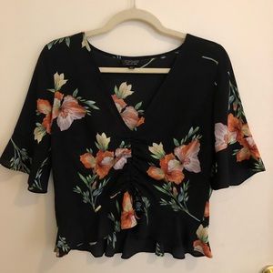 Topshop black and floral blouse with tie detail